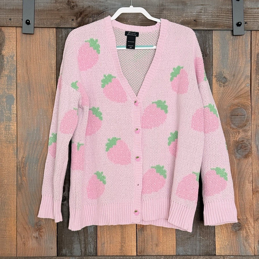 Sweet Society Pastel Pink Strawberry Cardigan Button Front Size Large READ